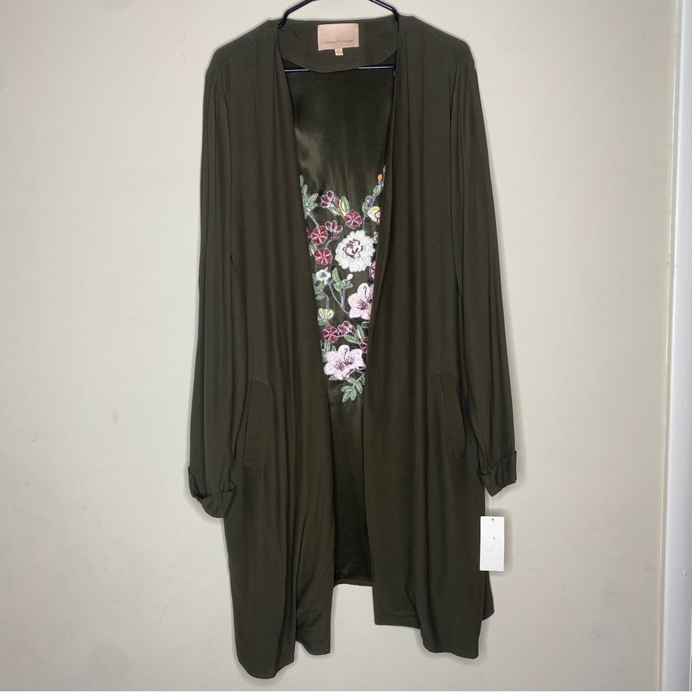 Gibson & Latimer Green Floral Embroidery Open Front Duster Cardigan 2X Lagenlook
